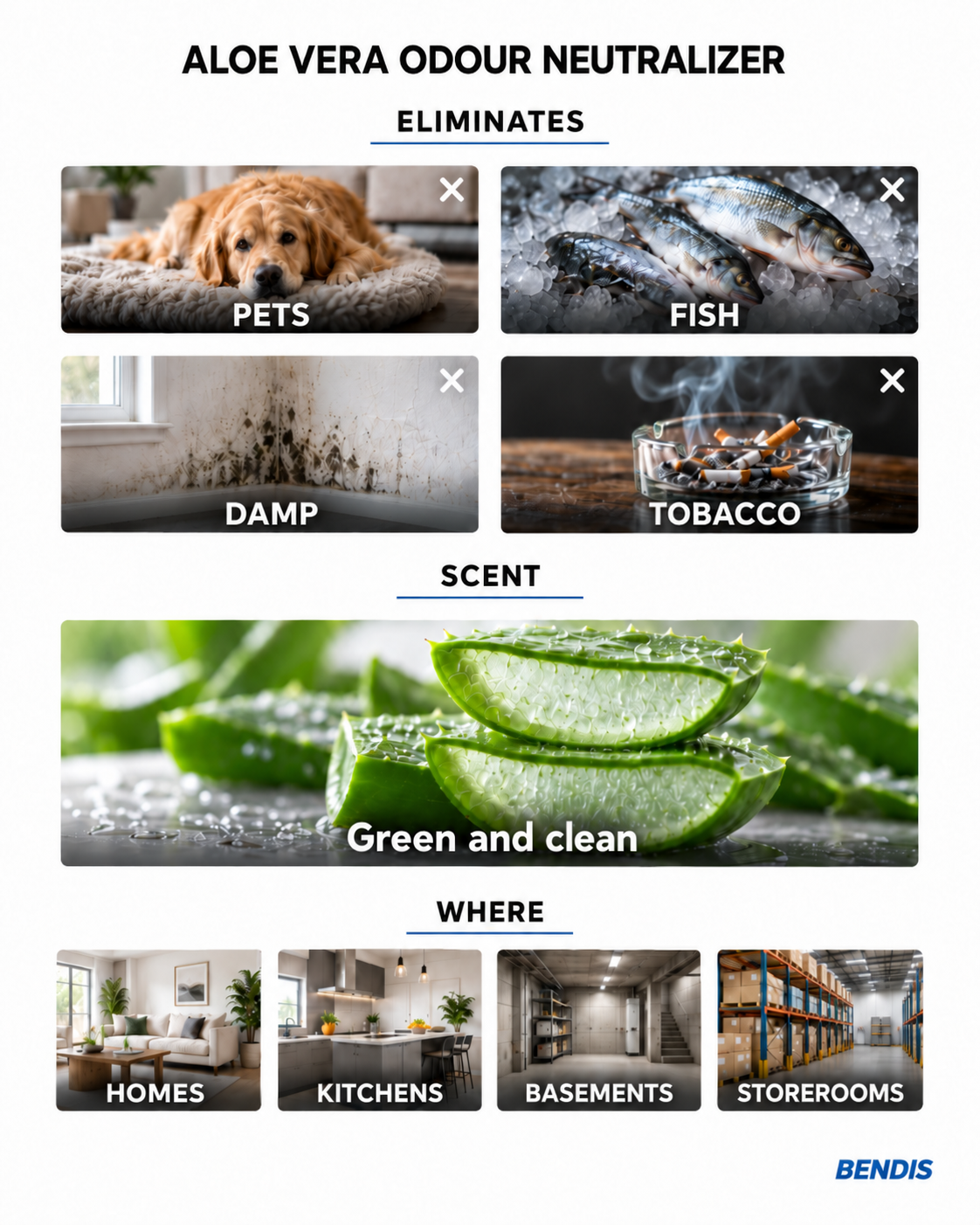Neutraliseur d'odeurs BENDIS Aloe Vera : élimine les odeurs d'animaux, de poisson, d'humidité et de tabac et laisse un parfum propre, vert et discret. Idéal pour maisons avec animaux, cuisines, sous-sols et entrepôts.