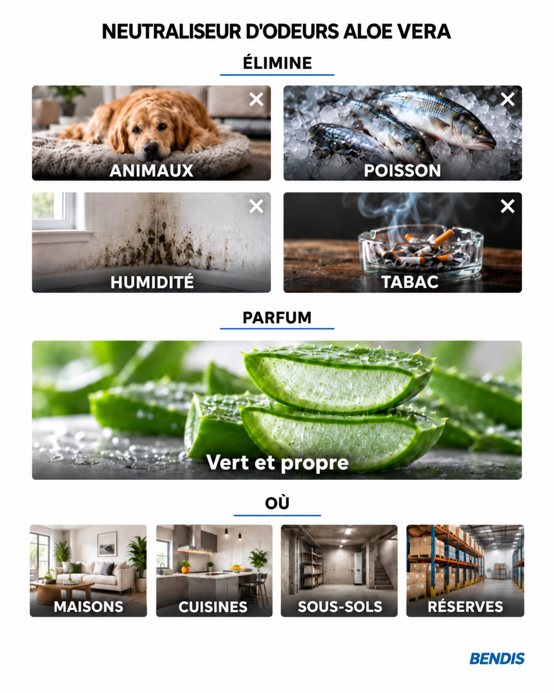Neutraliseur d'odeurs BENDIS Aloe Vera : élimine les odeurs d'animaux, de poisson, d'humidité et de tabac et laisse une note propre, verte et discrète. Idéal pour maisons avec animaux, cuisines, sous-sols et réserves.