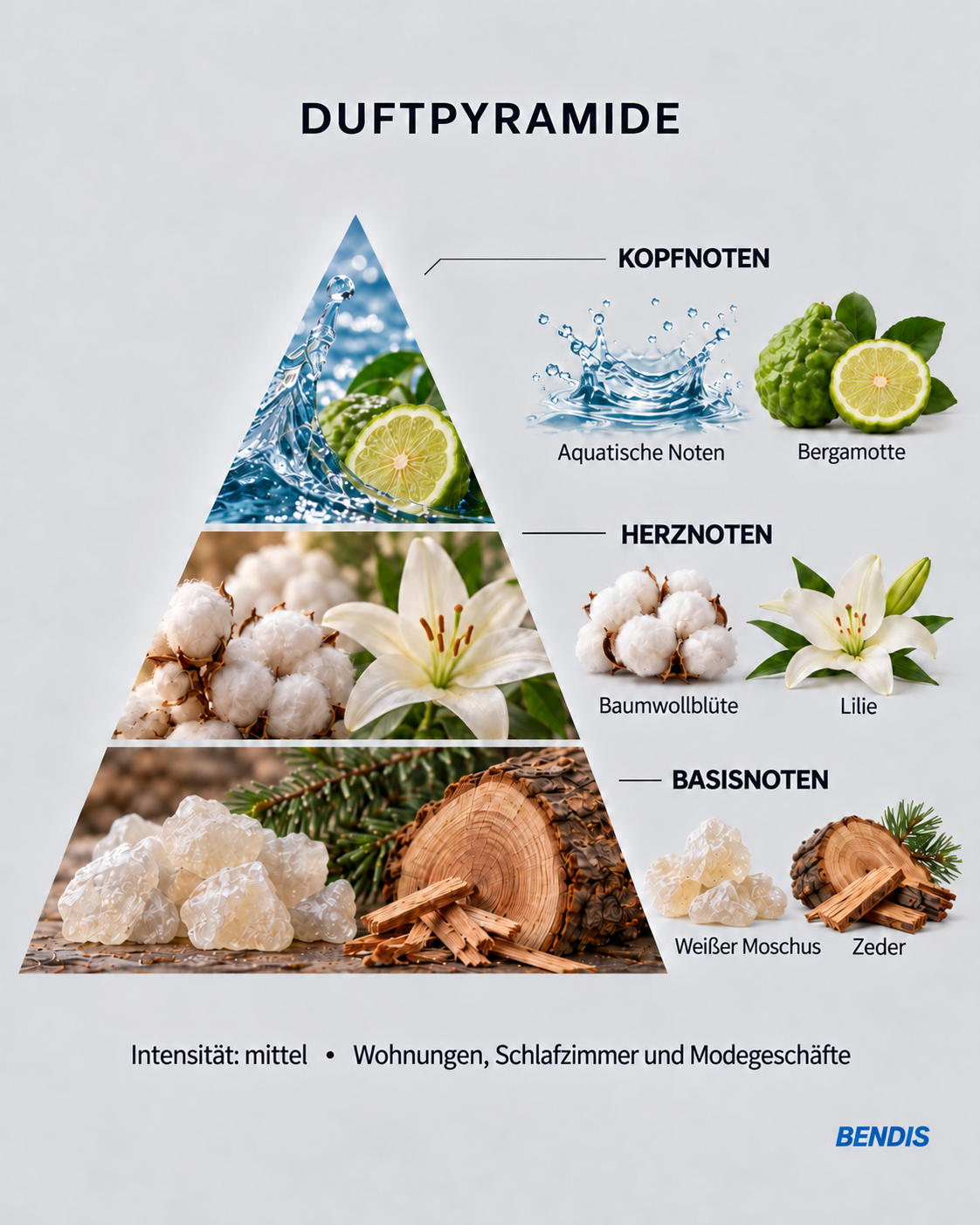 Pyramide olfactive du parfum BENDIS Aqua linge propre : notes de tête notes aquatiques et bergamote, notes de cœur fleur de coton et lys, notes de fond musc blanc et cèdre