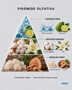 Pirâmide olfativa da fragrância BENDIS Aqua roupa lavada: notas de topo notas aquáticas e bergamota, notas de coração flor de algodão e lírio, notas de fundo almíscar branco e cedro