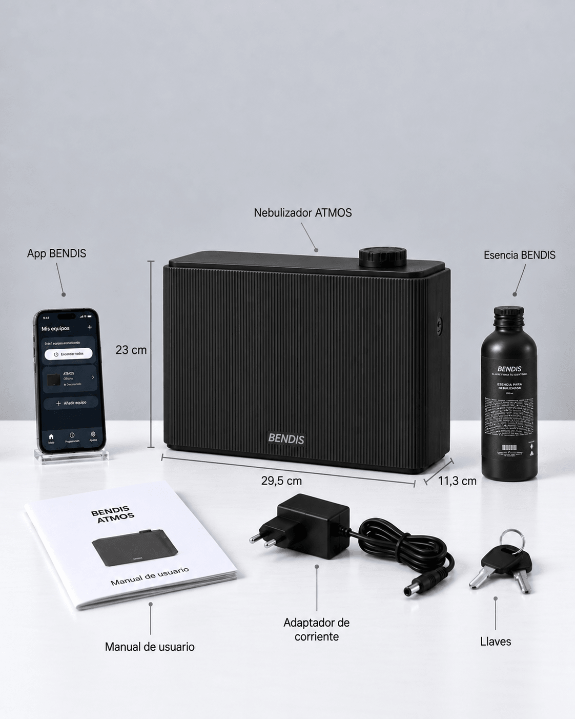 Contenido de la caja del difusor BENDIS ATMOS: difusor, esencia y accesorios