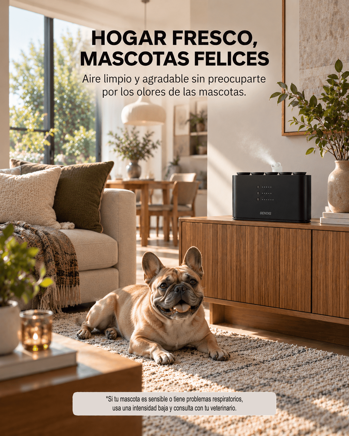 Difusor BENDIS AURA 5 en casa con perro: aroma limpio en hogares con mascotas