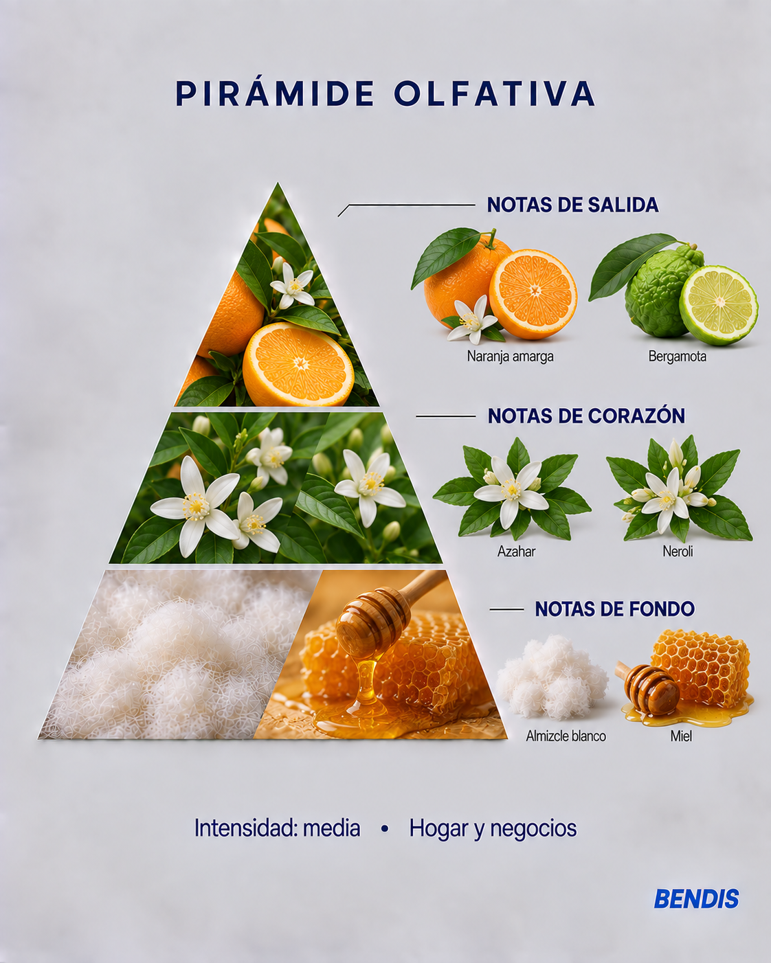 Pirámide olfativa de la fragancia BENDIS Azahar: notas de salida naranja amarga y bergamota, corazón azahar y neroli, fondo almizcle blanco y miel