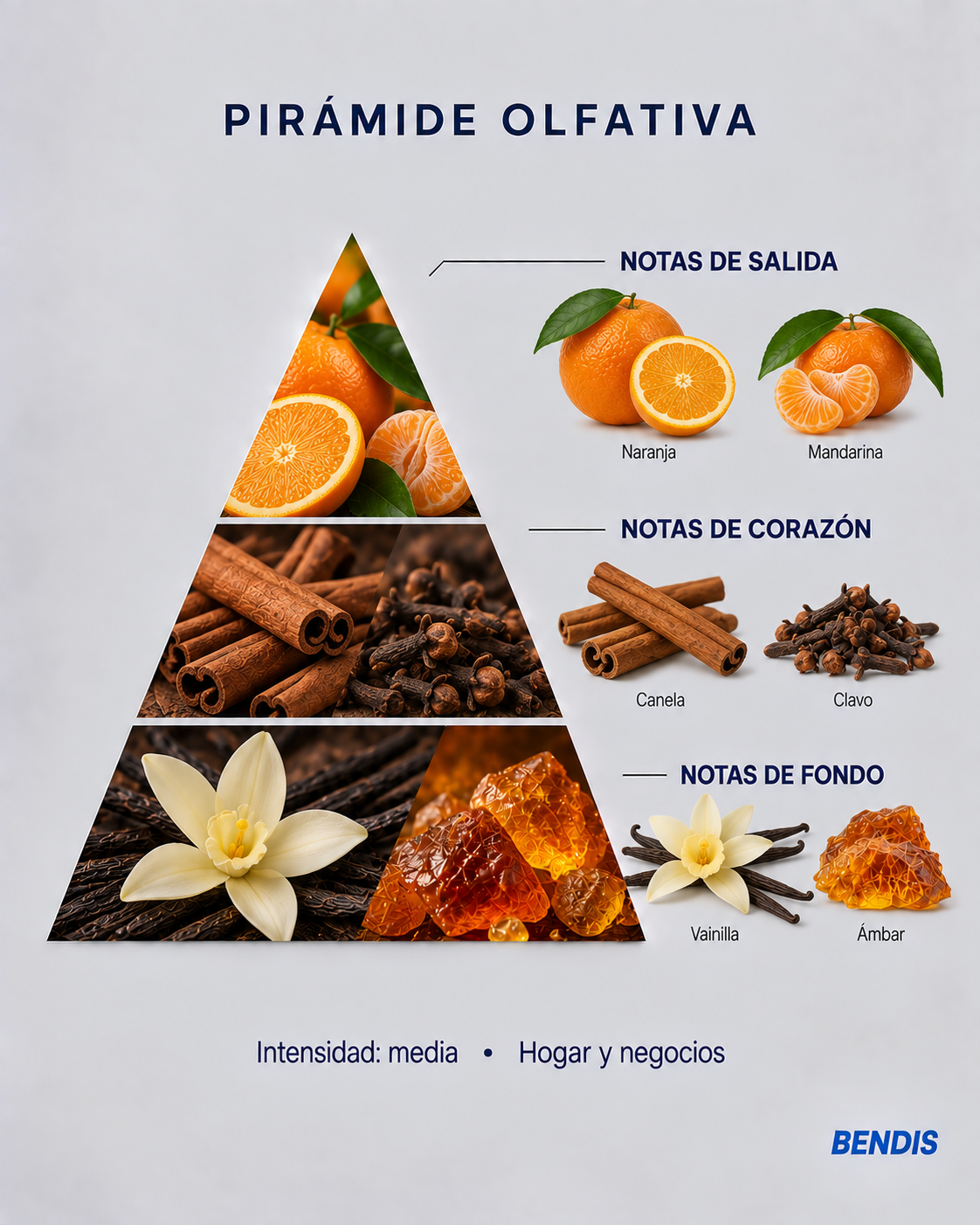 Pirámide olfativa de la fragancia BENDIS Canela y Naranja: notas de salida naranja y mandarina, corazón canela y clavo, fondo vainilla y ámbar