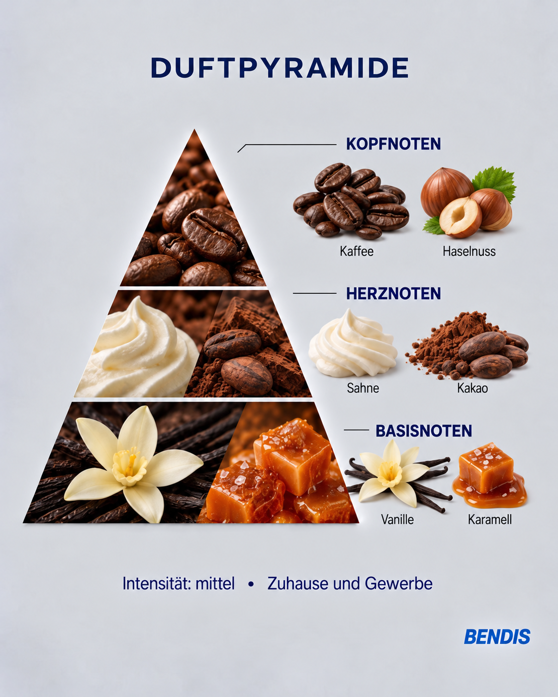 Pyramide olfactive du parfum BENDIS Cappuccino : notes de tête café et noisette, notes de cœur crème et cacao, notes de fond vanille et caramel