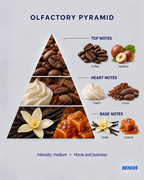 Duftpyramide des BENDIS Duftes Cappuccino: Kopfnoten Kaffee und Haselnuss, Herznoten Sahne und Kakao, Basisnoten Vanille und Karamell