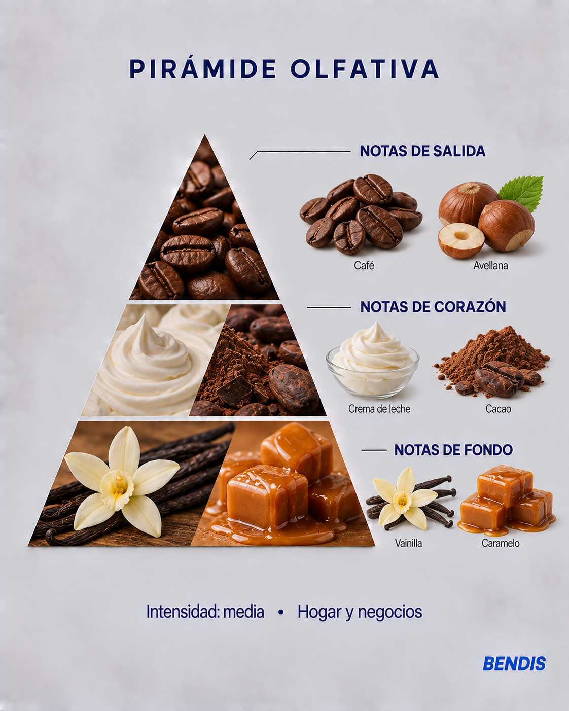 Pirámide olfativa de la fragancia BENDIS Cappuccino: notas de salida café y avellana, corazón crema de leche y cacao, fondo vainilla y caramelo