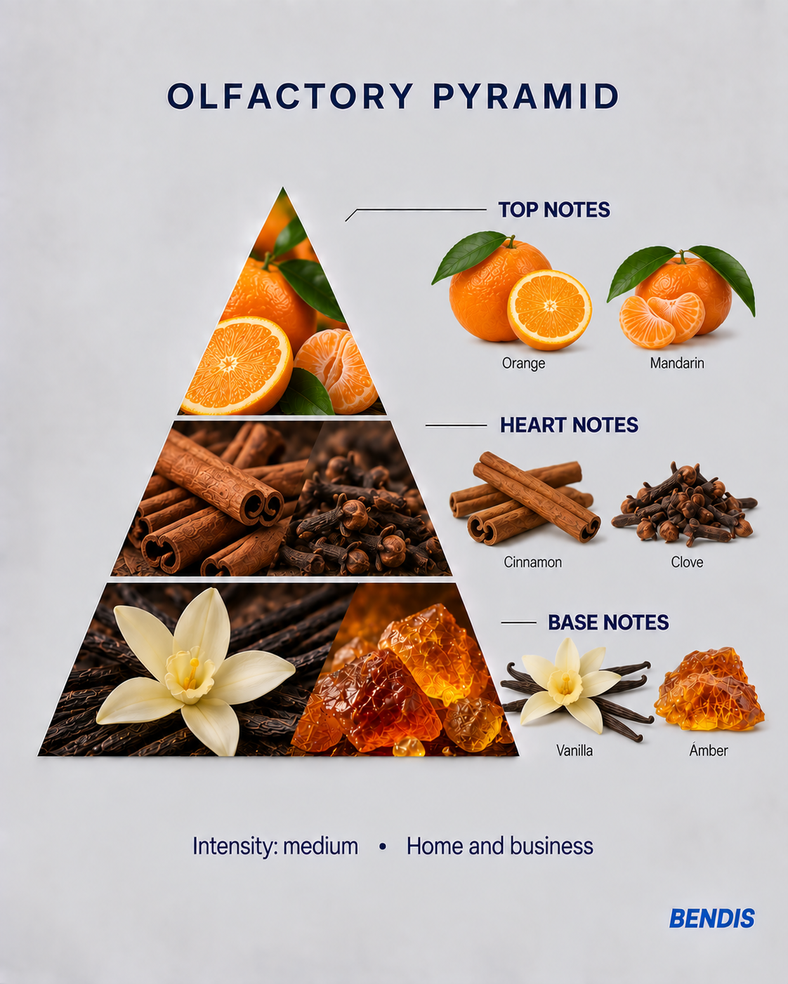 BENDIS Cinnamon & Orange fragrance olfactory pyramid: top notes orange and mandarin, heart notes cinnamon and clove, base notes vanilla and amber