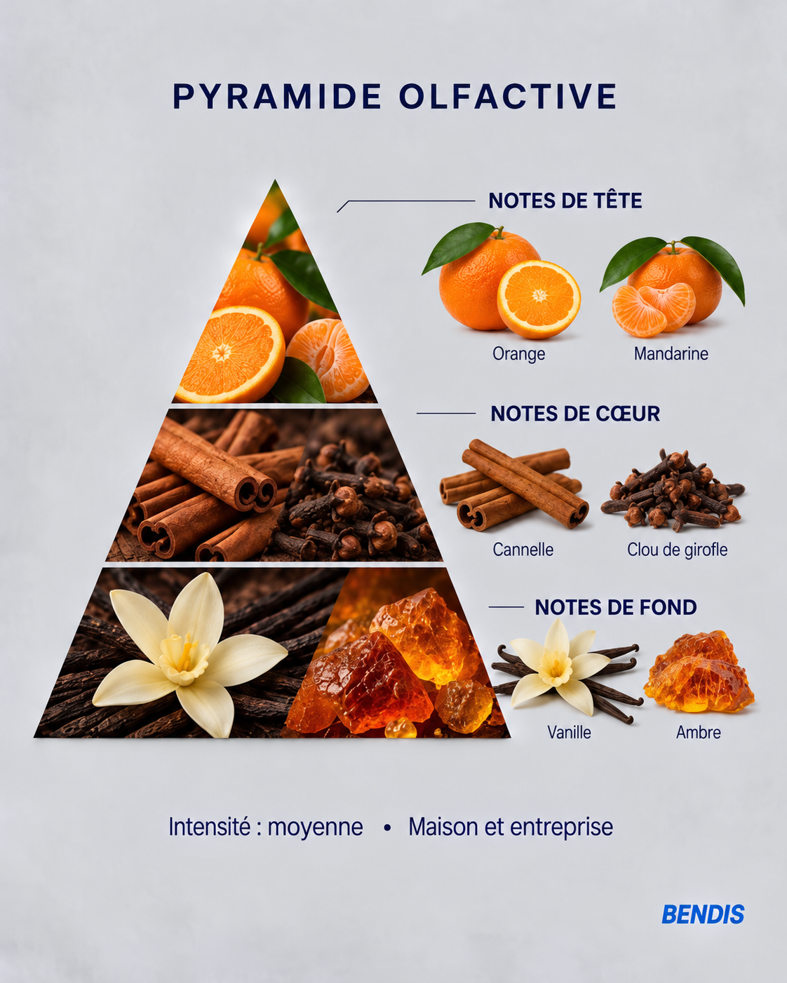 Pyramide olfactive du parfum BENDIS Cannelle et orange : notes de tête orange et mandarine, notes de cœur cannelle et clou de girofle, notes de fond vanille et ambre