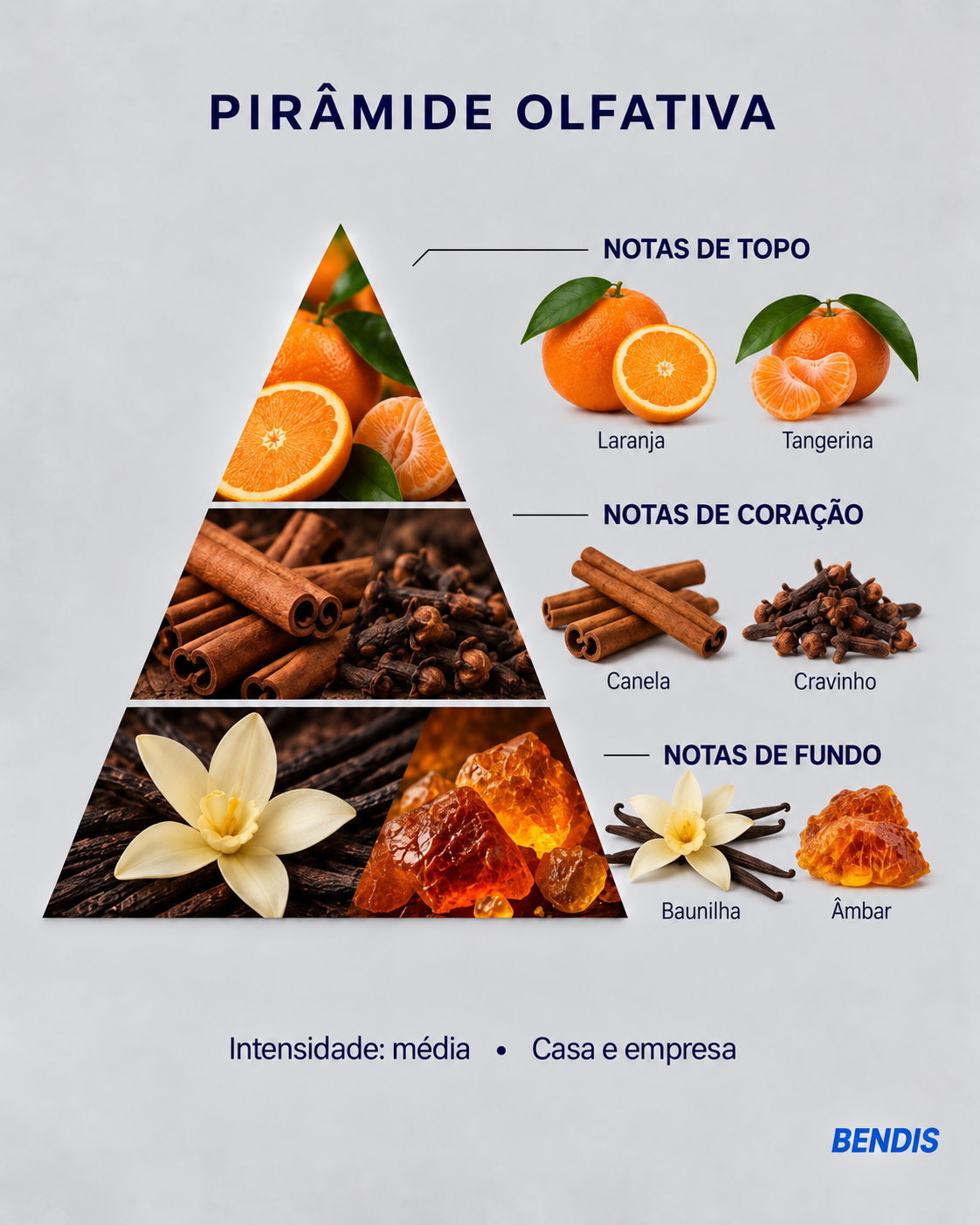 Pyramide olfactive du parfum BENDIS Cannelle et orange : notes de tête orange et mandarine, notes de cœur cannelle et clou de girofle, notes de fond vanille et ambre