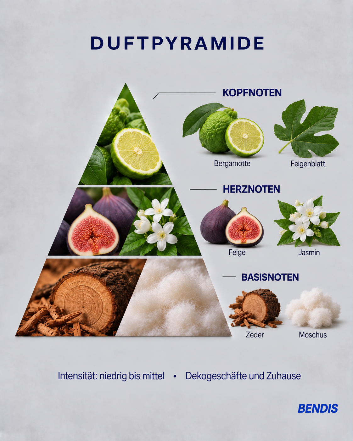 Pyramide olfactive du parfum BENDIS Figue : notes de tête bergamote et feuille de figuier, notes de cœur figue et jasmin, notes de fond cèdre et musc