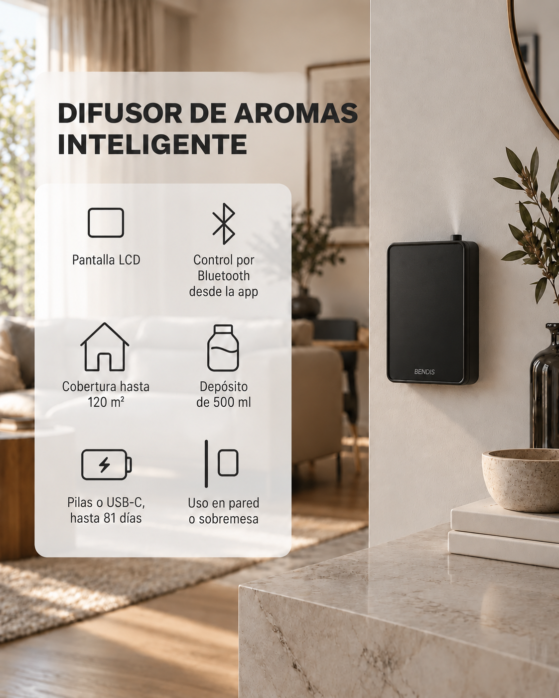 Características del difusor de aromas inteligente BENDIS FLOW