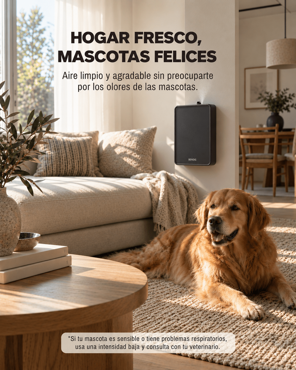 Difusor BENDIS FLOW en un salón con perro: aroma limpio en casas con mascotas