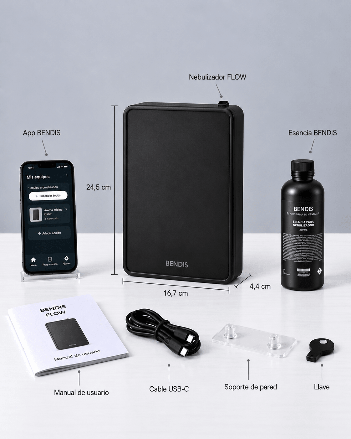 Contenido de la caja del difusor BENDIS FLOW: difusor, esencia y accesorios
