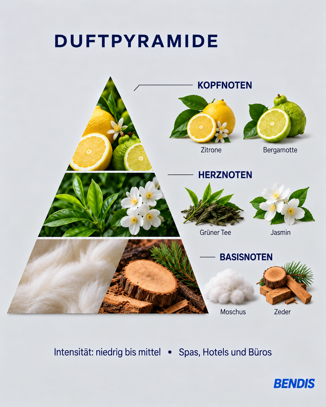 Pyramide olfactive du parfum BENDIS Thé vert : notes de tête citron et bergamote, notes de cœur thé vert et jasmin, notes de fond musc et cèdre