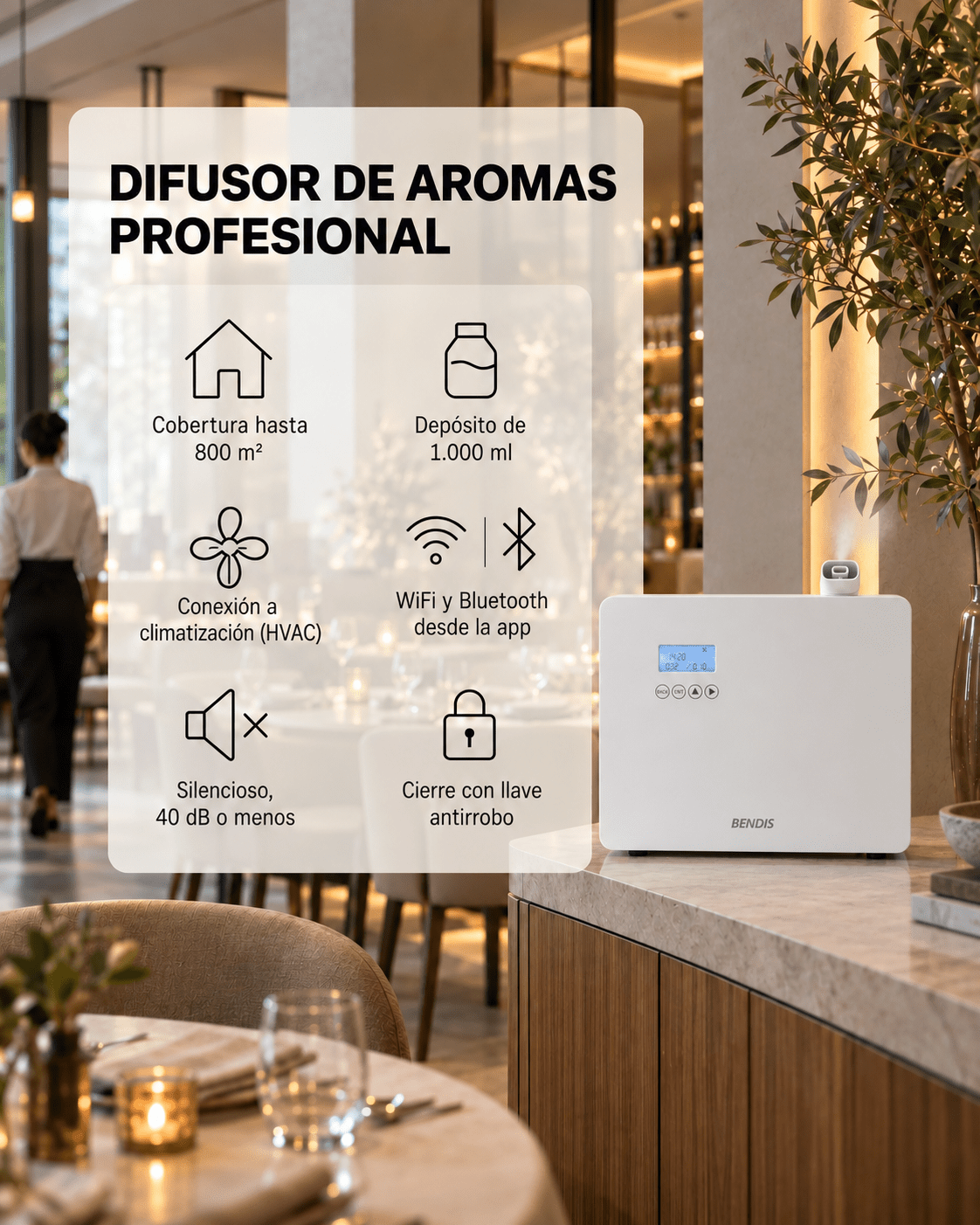 Características del difusor de aromas profesional BENDIS HALO