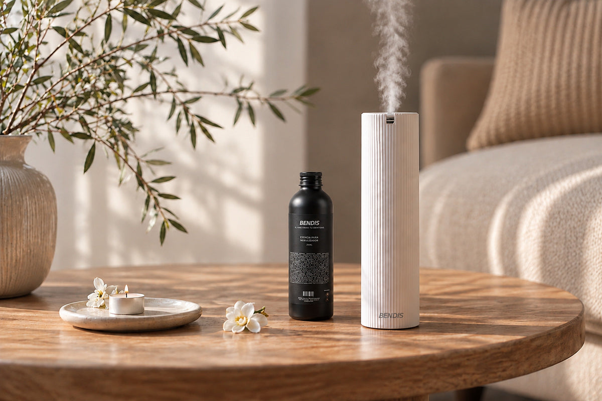 Difusor de aroma BENDIS blanco y esencia BENDIS de 250 ml sobre mesa de madera