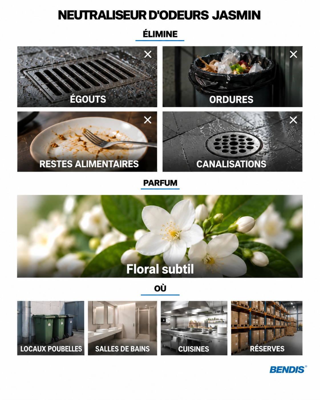 Neutraliseur d'odeurs BENDIS Jasmin : élimine les odeurs d'égouts, d'ordures et de restes alimentaires et laisse une note florale propre et discrète. Idéal pour locaux poubelles, salles de bains, cuisines professionnelles et réserves alimentaires.