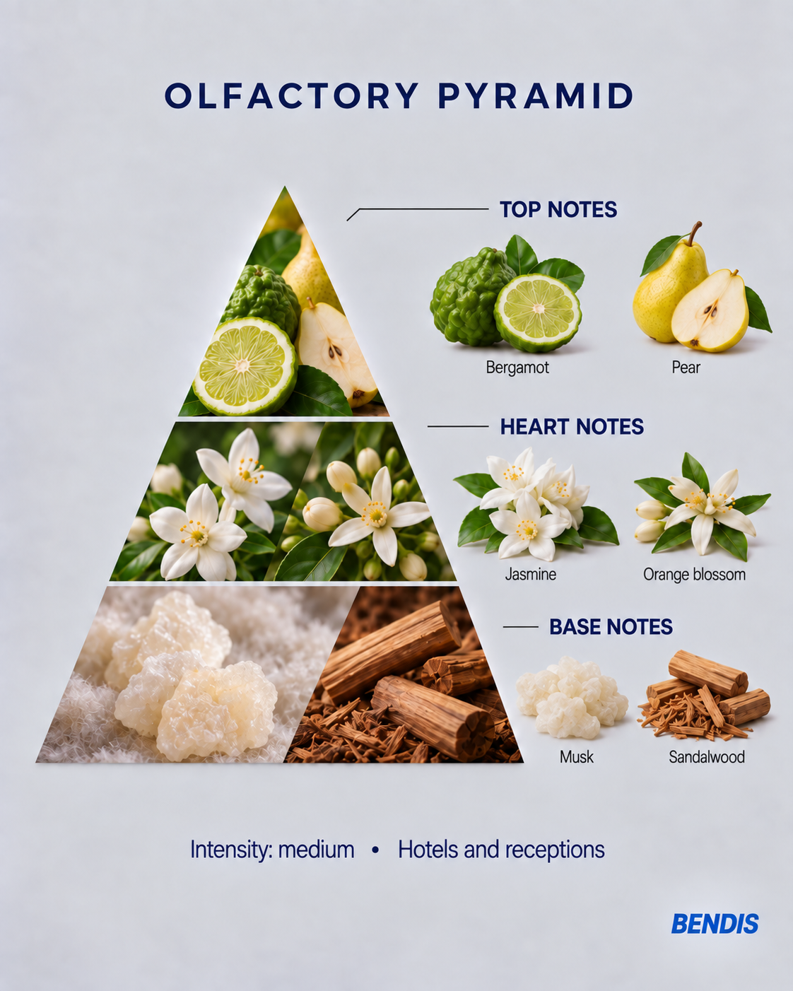 BENDIS Jasmine fragrance olfactory pyramid: top notes bergamot and pear, heart notes jasmine and orange blossom, base notes musk and sandalwood