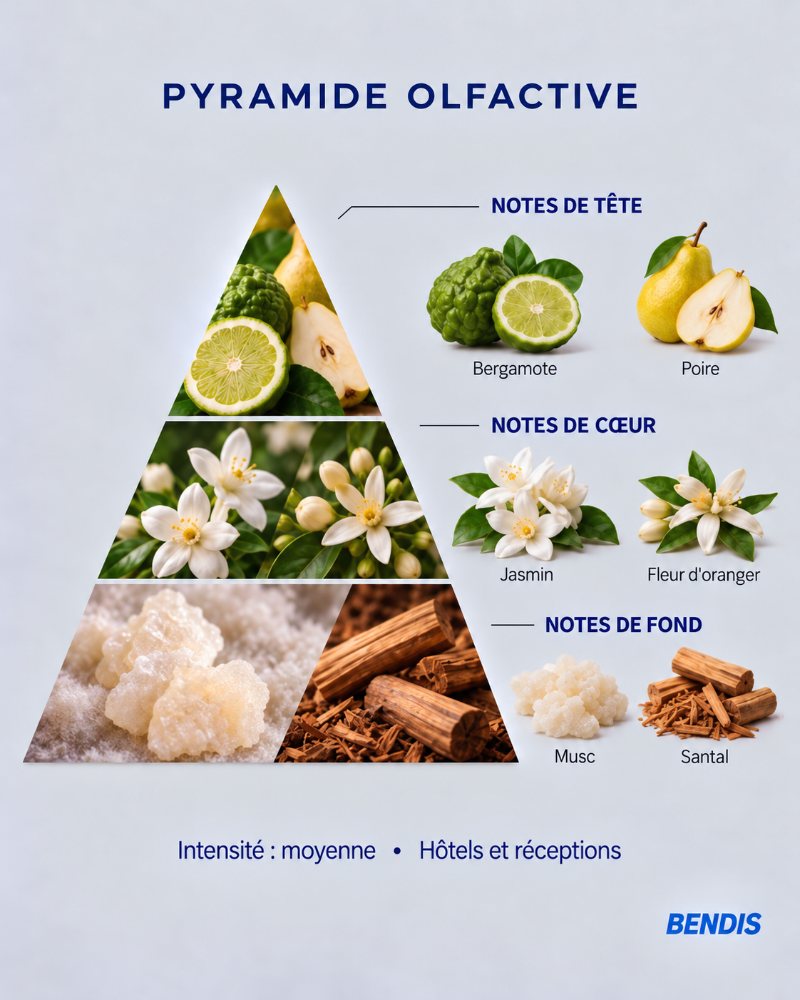 Pyramide olfactive du parfum BENDIS Jasmin : notes de tête bergamote et poire, notes de cœur jasmin et fleur d'oranger, notes de fond musc et santal