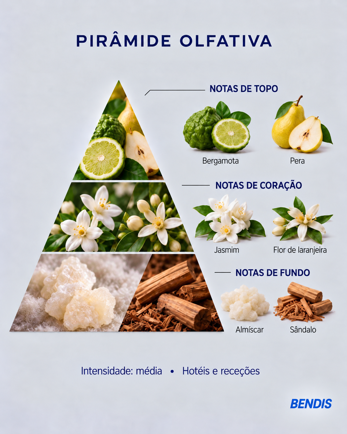 Pyramide olfactive du parfum BENDIS Jasmin : notes de tête bergamote et poire, notes de cœur jasmin et fleur d'oranger, notes de fond musc et santal