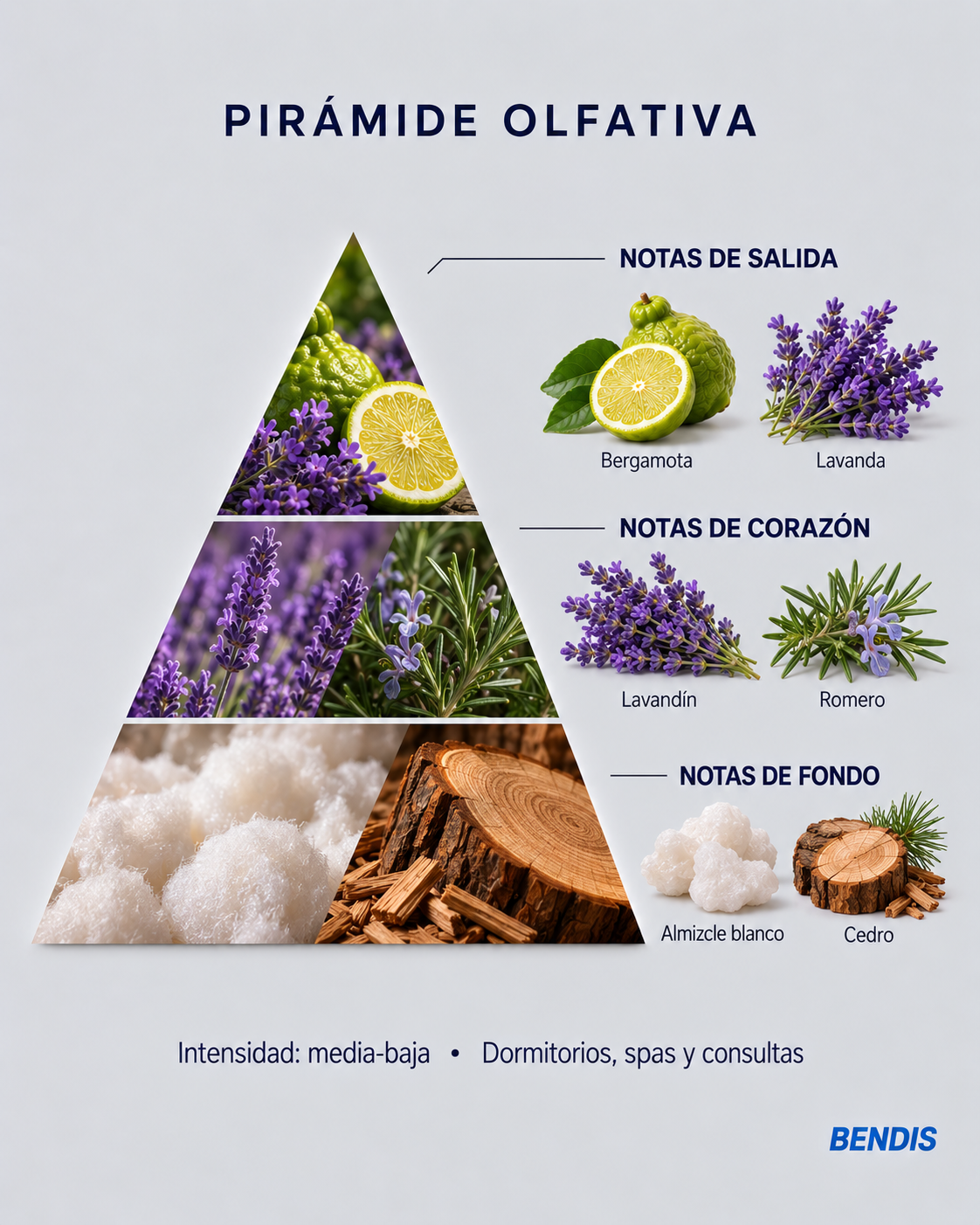 Pirámide olfativa de la fragancia BENDIS Lavanda: notas de salida bergamota y lavanda, corazón lavandín y romero, fondo almizcle blanco y cedro