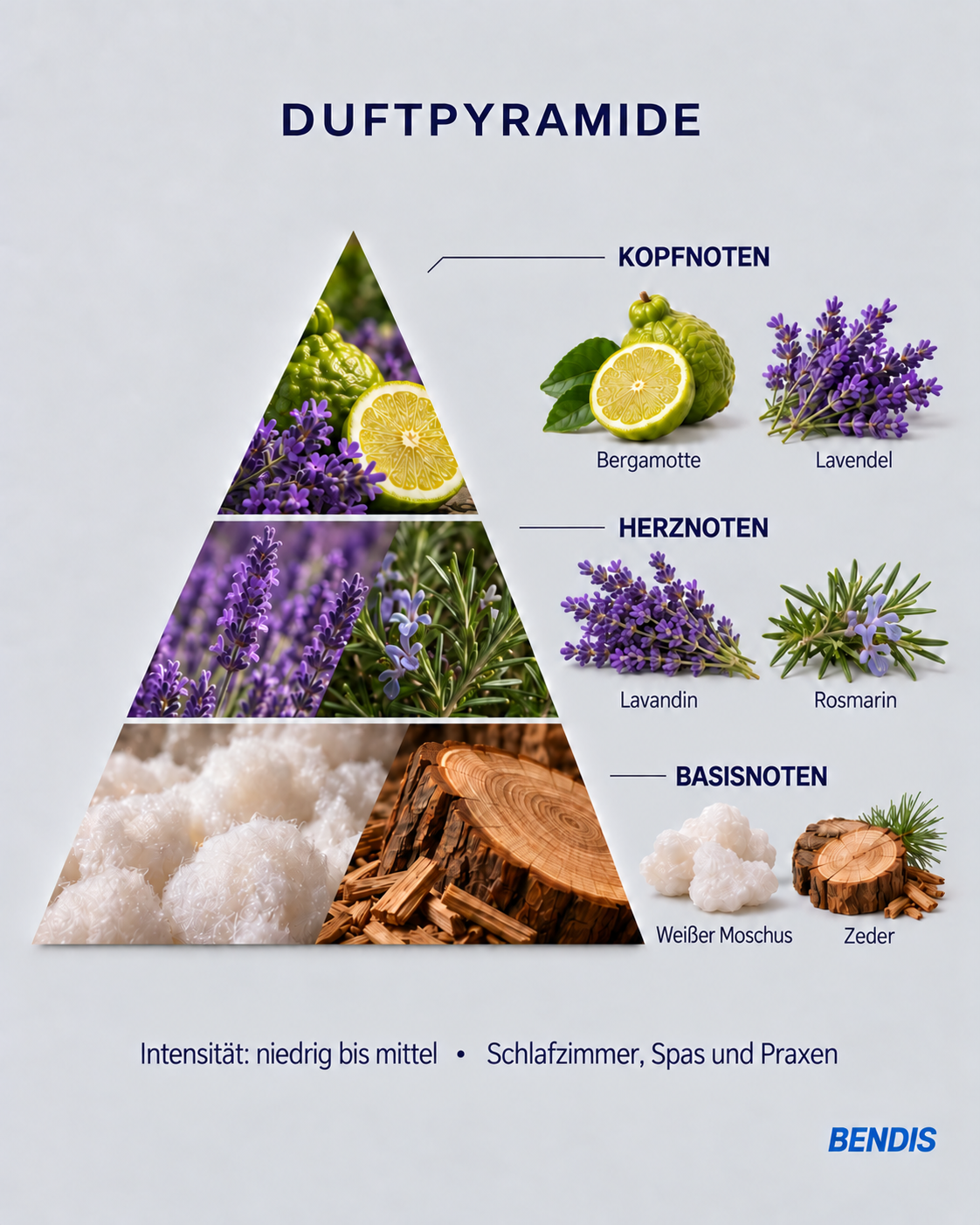 Pyramide olfactive du parfum BENDIS Lavande : notes de tête bergamote et lavande, notes de cœur lavandin et romarin, notes de fond musc blanc et cèdre