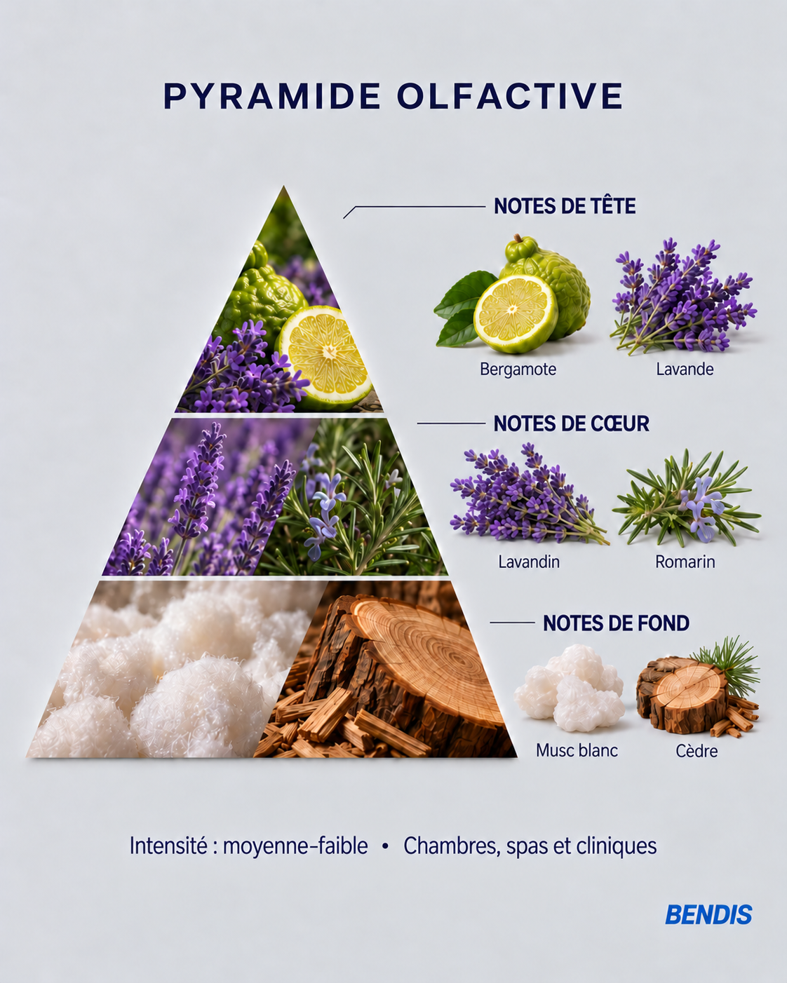 Pyramide olfactive du parfum BENDIS Lavande : notes de tête bergamote et lavande, notes de cœur lavandin et romarin, notes de fond musc blanc et cèdre