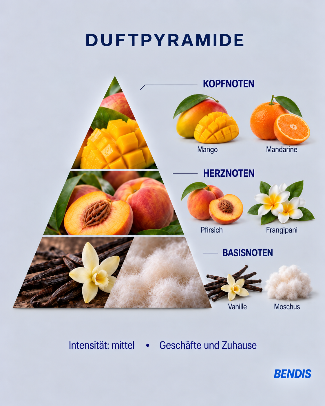 Pyramide olfactive du parfum BENDIS Mangue : notes de tête mangue et mandarine, notes de cœur pêche et frangipanier, notes de fond vanille et musc