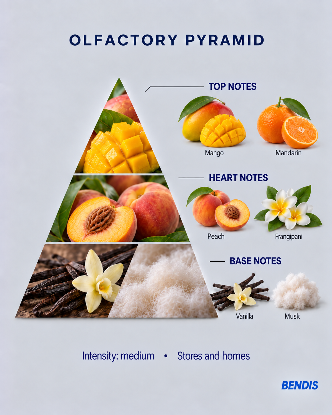 BENDIS Mango fragrance olfactory pyramid: top notes mango and mandarin, heart notes peach and frangipani, base notes vanilla and musk