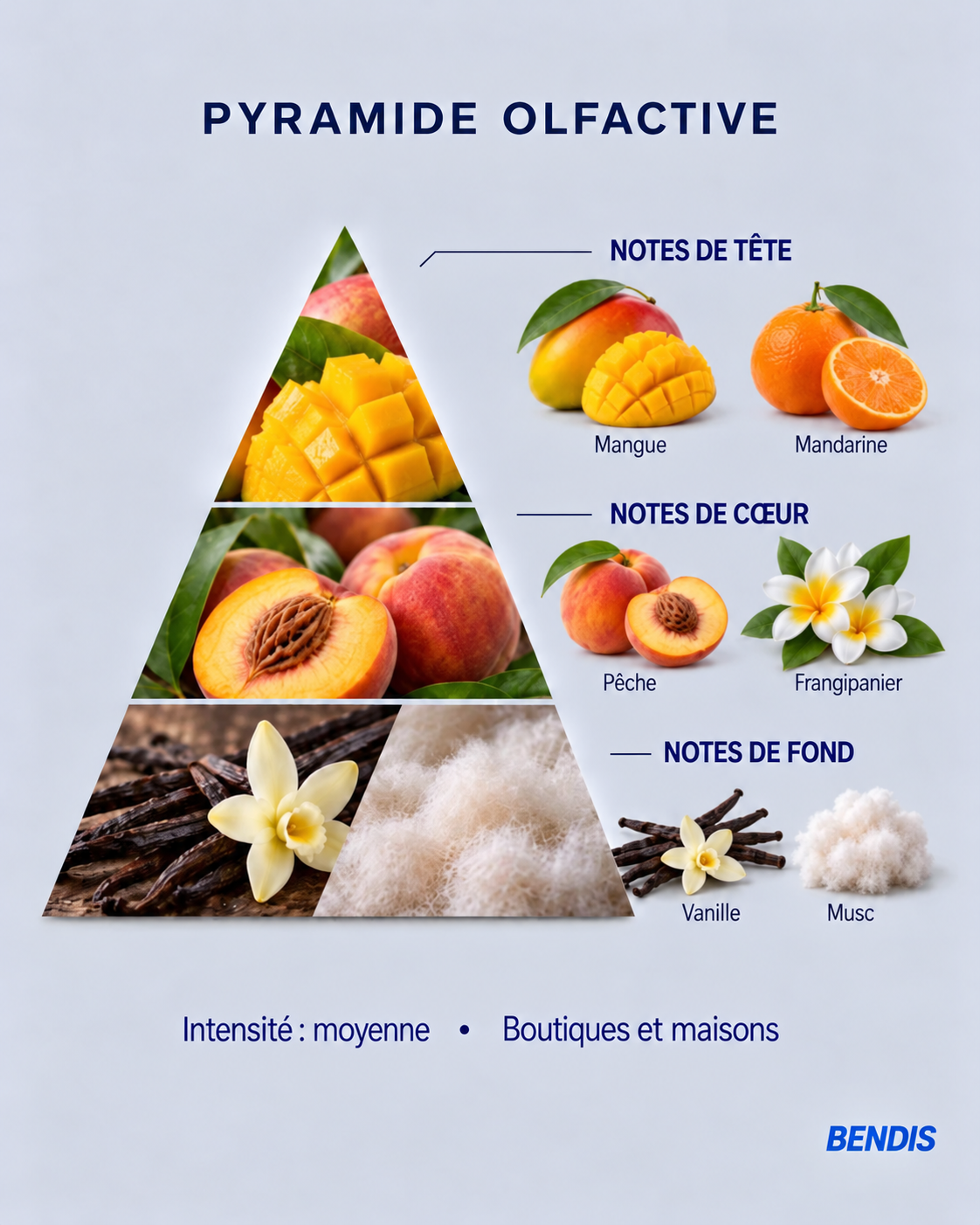 Pyramide olfactive du parfum BENDIS Mangue : notes de tête mangue et mandarine, notes de cœur pêche et frangipanier, notes de fond vanille et musc
