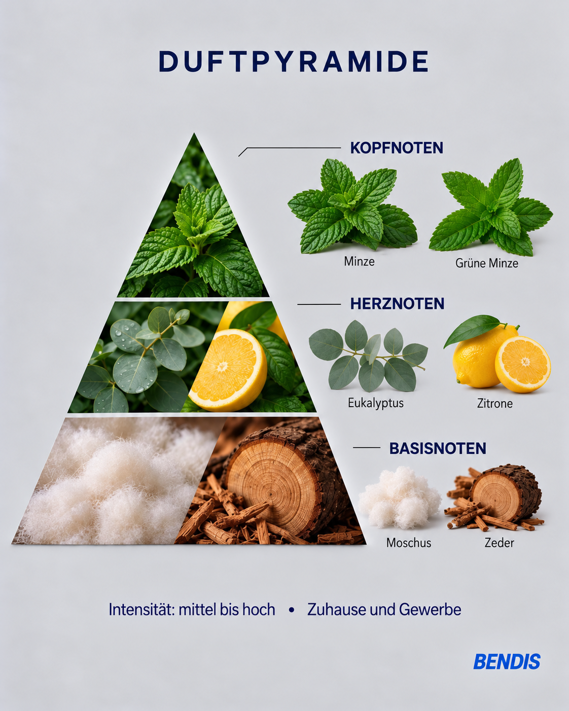 Pyramide olfactive du parfum BENDIS Menthe : notes de tête menthe et menthe verte, notes de cœur eucalyptus et citron, notes de fond musc et cèdre