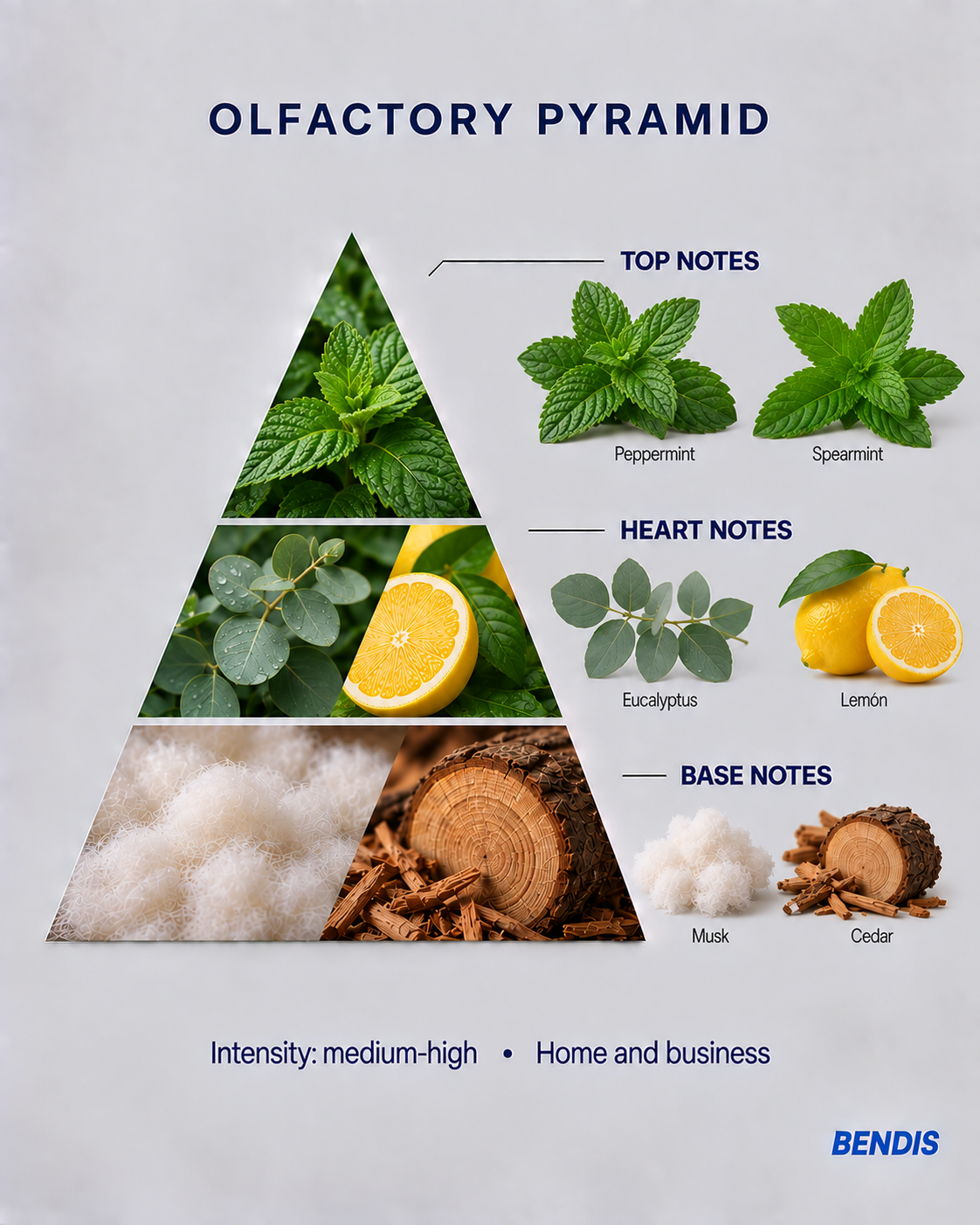 BENDIS Mint fragrance olfactory pyramid: top notes peppermint and spearmint, heart notes eucalyptus and lemon, base notes musk and cedar