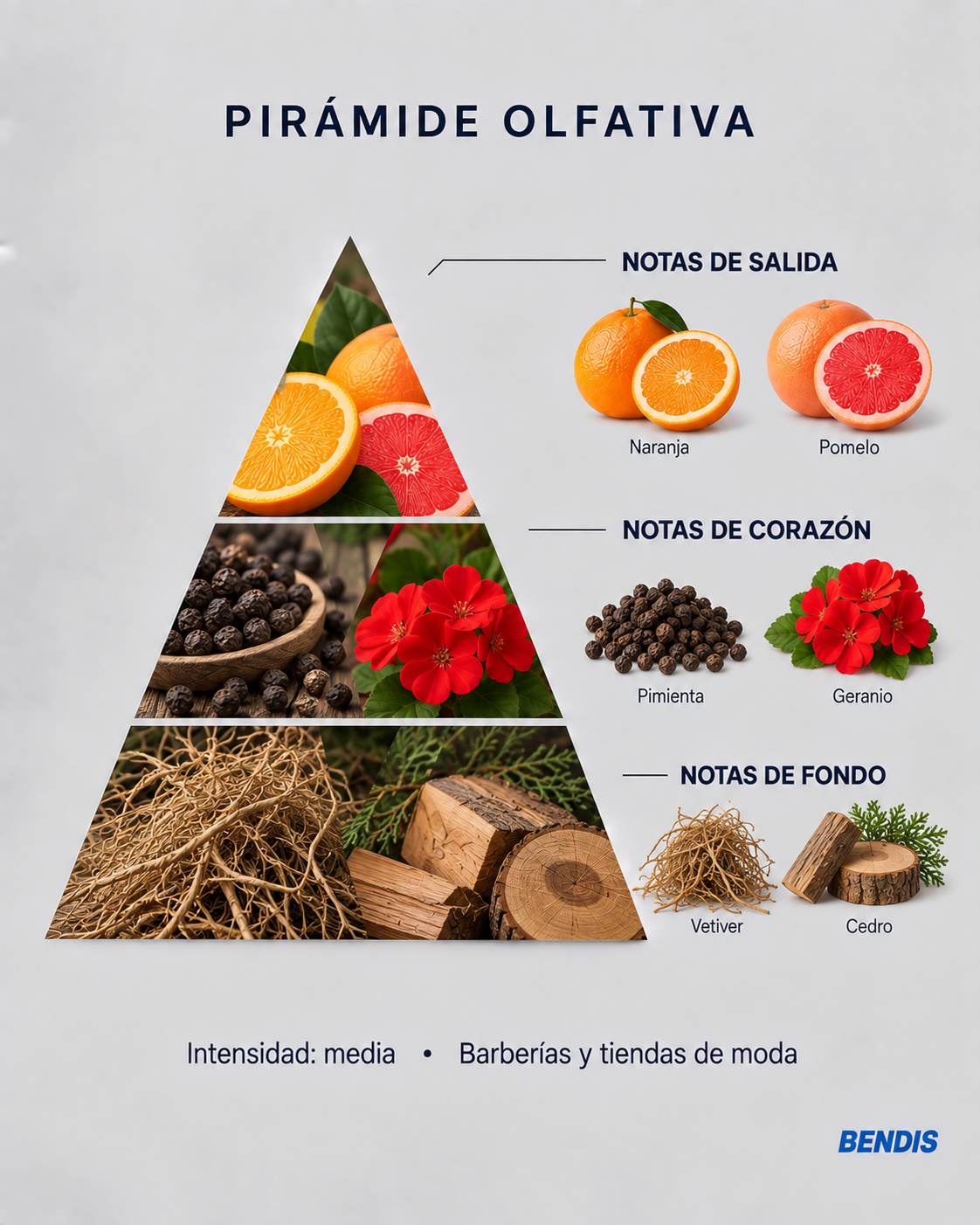 Pirámide olfativa de la fragancia BENDIS Nº10 amaderada mineral cítrica: notas de salida naranja y pomelo, corazón pimienta y geranio, fondo vetiver y cedro