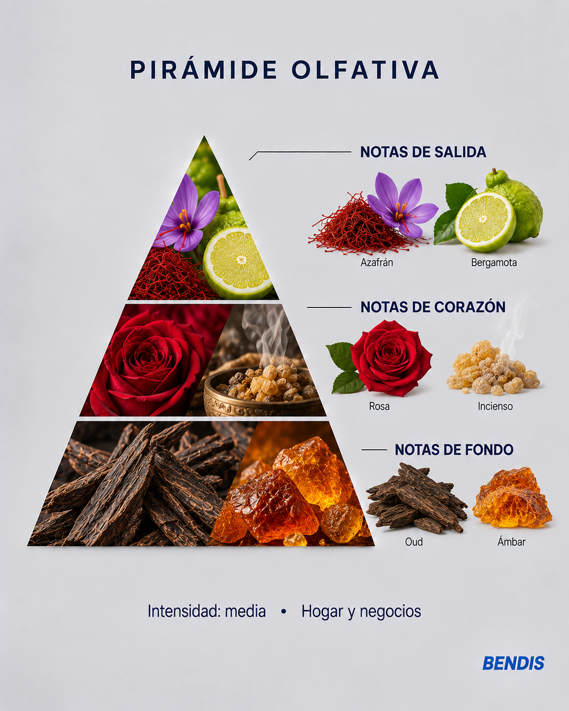Pirámide olfativa de la fragancia BENDIS Nº12 oriental ambarada: notas de salida azafrán y bergamota, corazón rosa e incienso, fondo oud y ámbar