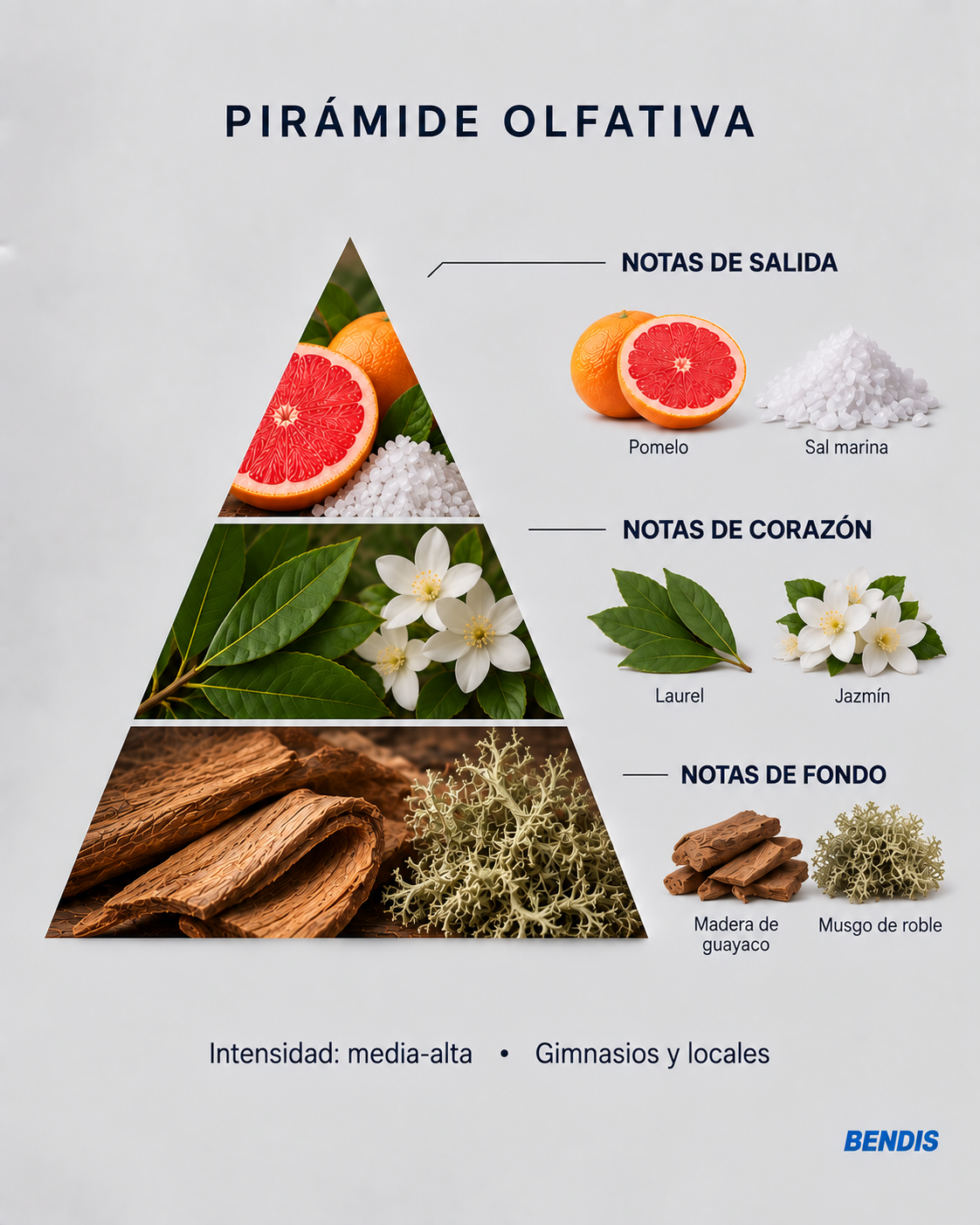 Pirámide olfativa de la fragancia BENDIS Nº14 amaderada acuática: notas de salida pomelo y sal marina, corazón laurel y jazmín, fondo madera de guayaco y musgo de roble