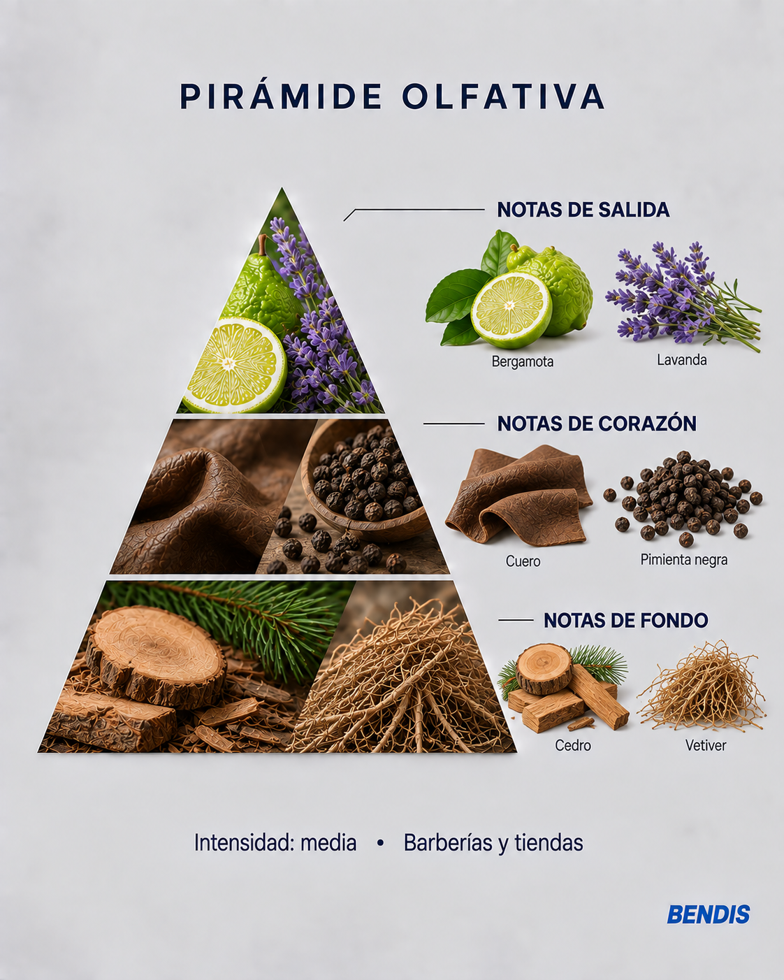 Pirámide olfativa de la fragancia BENDIS Nº17 aromática amaderada: notas de salida bergamota y lavanda, corazón cuero y pimienta negra, fondo cedro y vetiver