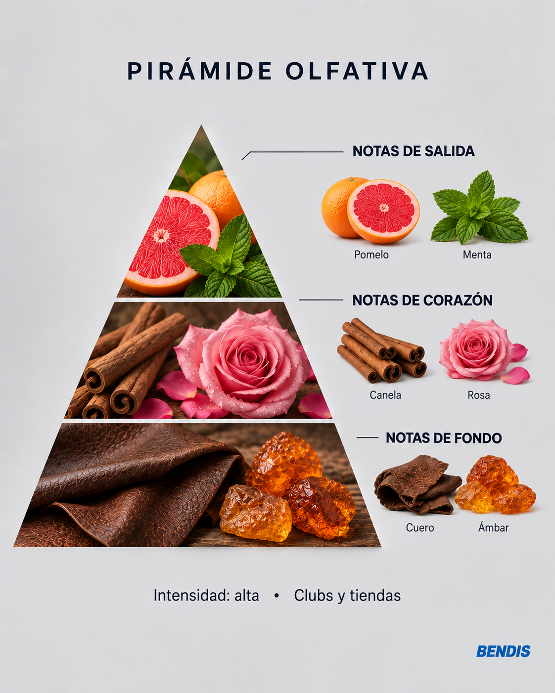Pirámide olfativa de la fragancia BENDIS Nº19 amaderada especiada dulce: notas de salida pomelo y menta, corazón canela y rosa, fondo cuero y ámbar