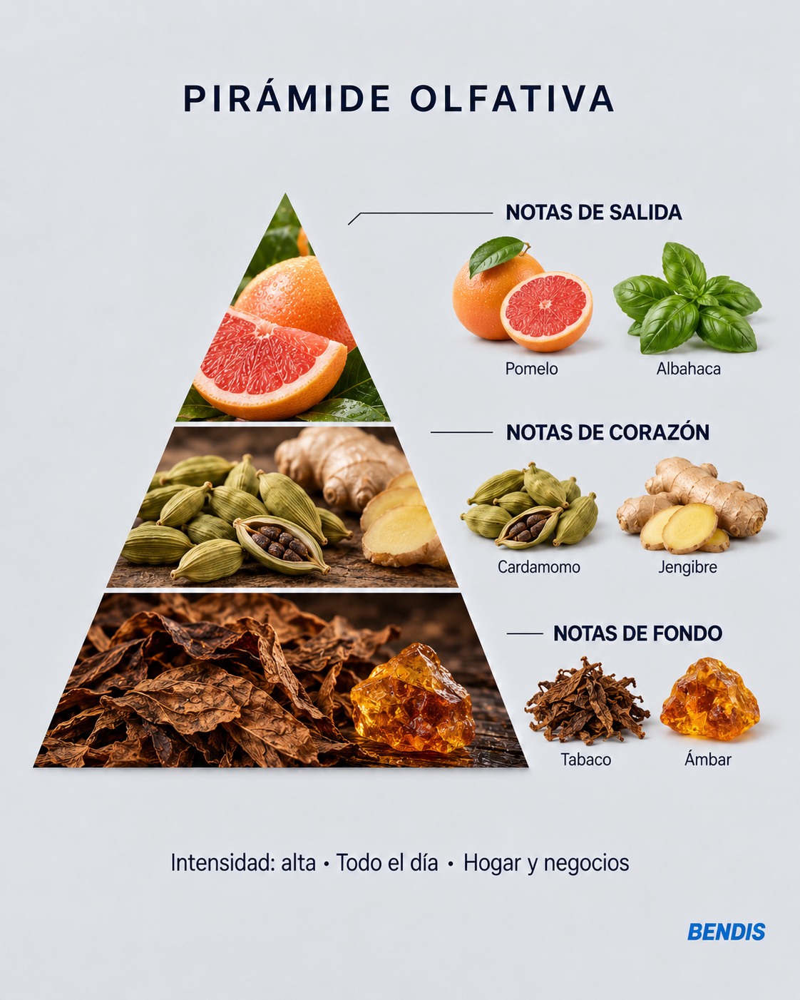 Pirámide olfativa de la fragancia BENDIS Nº7 amaderada especiada: notas de salida pomelo y albahaca, corazón cardamomo y jengibre, fondo tabaco y ámbar