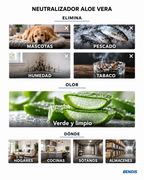 Neutralizador de olores BENDIS Aloe Vera: elimina olor a mascotas, pescado, humedad y tabaco y deja un fondo limpio, verde y discreto. Ideal para hogares con mascotas, cocinas, sótanos y almacenes.