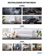 Neutralizador de olores BENDIS Cotton Fresh: elimina humo, quemado, olores fecales y sudor y deja un fondo limpio de algodón recién lavado. Ideal para aseos, vestuarios, cocinas y locales con olor a tabaco.