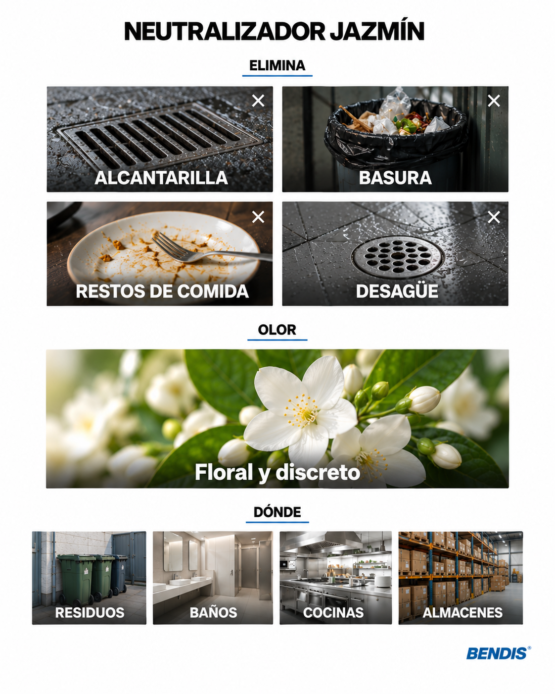 Neutralizador de olores BENDIS Jazmín: elimina olor a alcantarilla, basura y restos de comida y deja un fondo floral limpio y discreto. Ideal para cuartos de basura, baños, cocinas de hostelería y almacenes de alimentación.