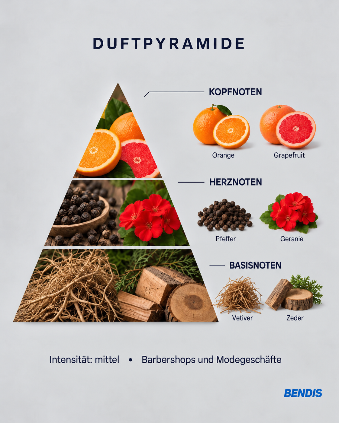 Pyramide olfactive du parfum BENDIS Nº10 boisé minéral hespéridé : notes de tête orange et pamplemousse, notes de cœur poivre et géranium, notes de fond vétiver et cèdre
