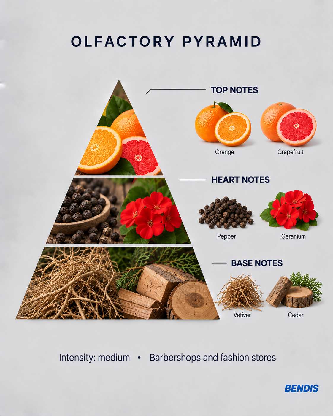 BENDIS No.10 woody mineral citrus fragrance olfactory pyramid: top notes orange and grapefruit, heart notes pepper and geranium, base notes vetiver and cedar