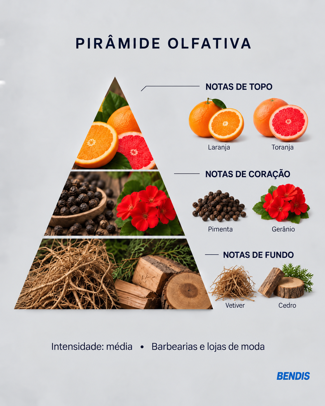 Pyramide olfactive du parfum BENDIS Nº10 boisé minéral hespéridé : notes de tête orange et pamplemousse, notes de cœur poivre et géranium, notes de fond vétiver et cèdre