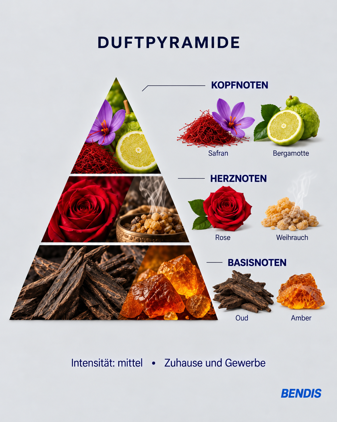 Pyramide olfactive du parfum BENDIS Nº12 oriental ambré : notes de tête safran et bergamote, notes de cœur rose et encens, notes de fond oud et ambre