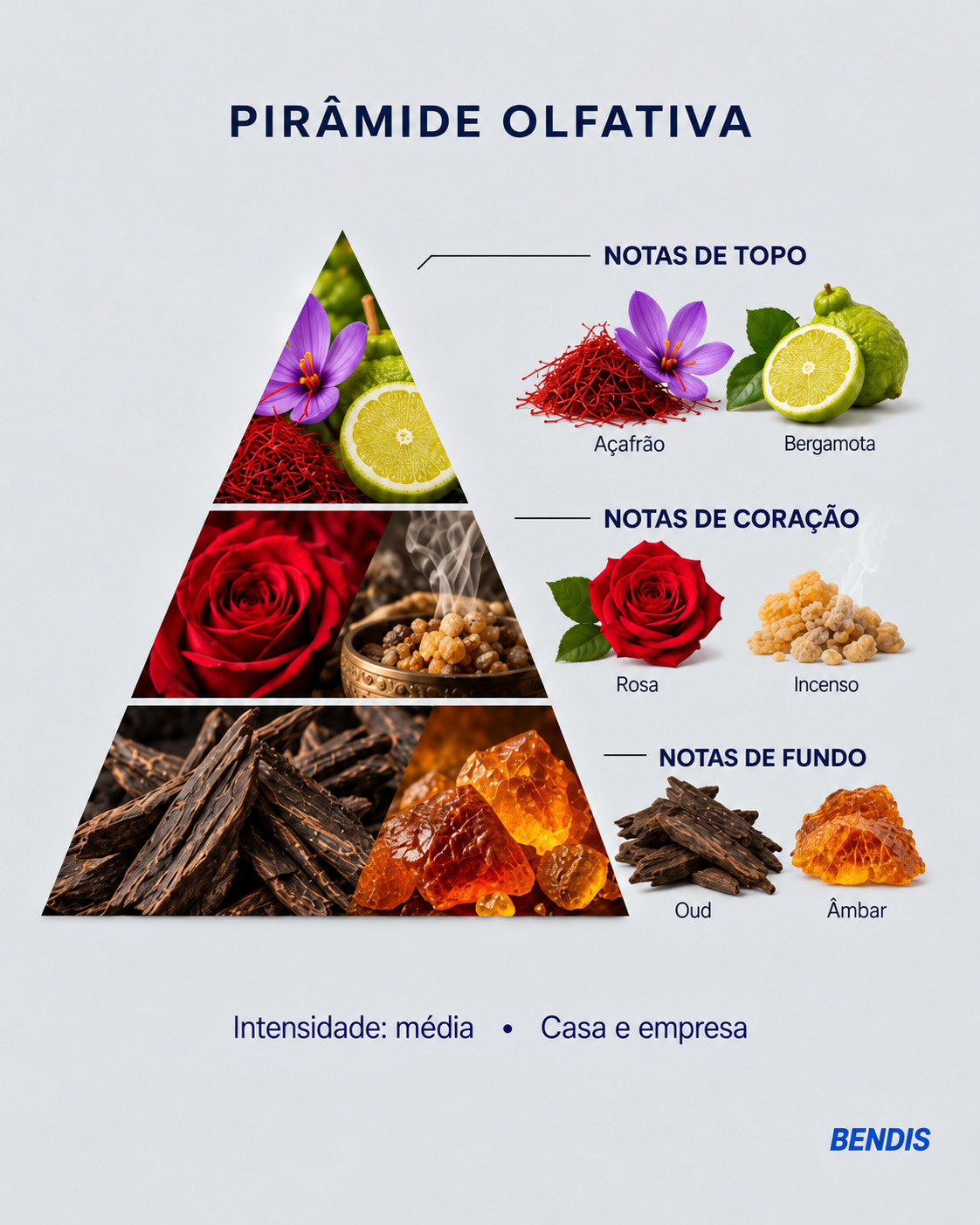 Pyramide olfactive du parfum BENDIS Nº12 oriental ambré : notes de tête safran et bergamote, notes de cœur rose et encens, notes de fond oud et ambre