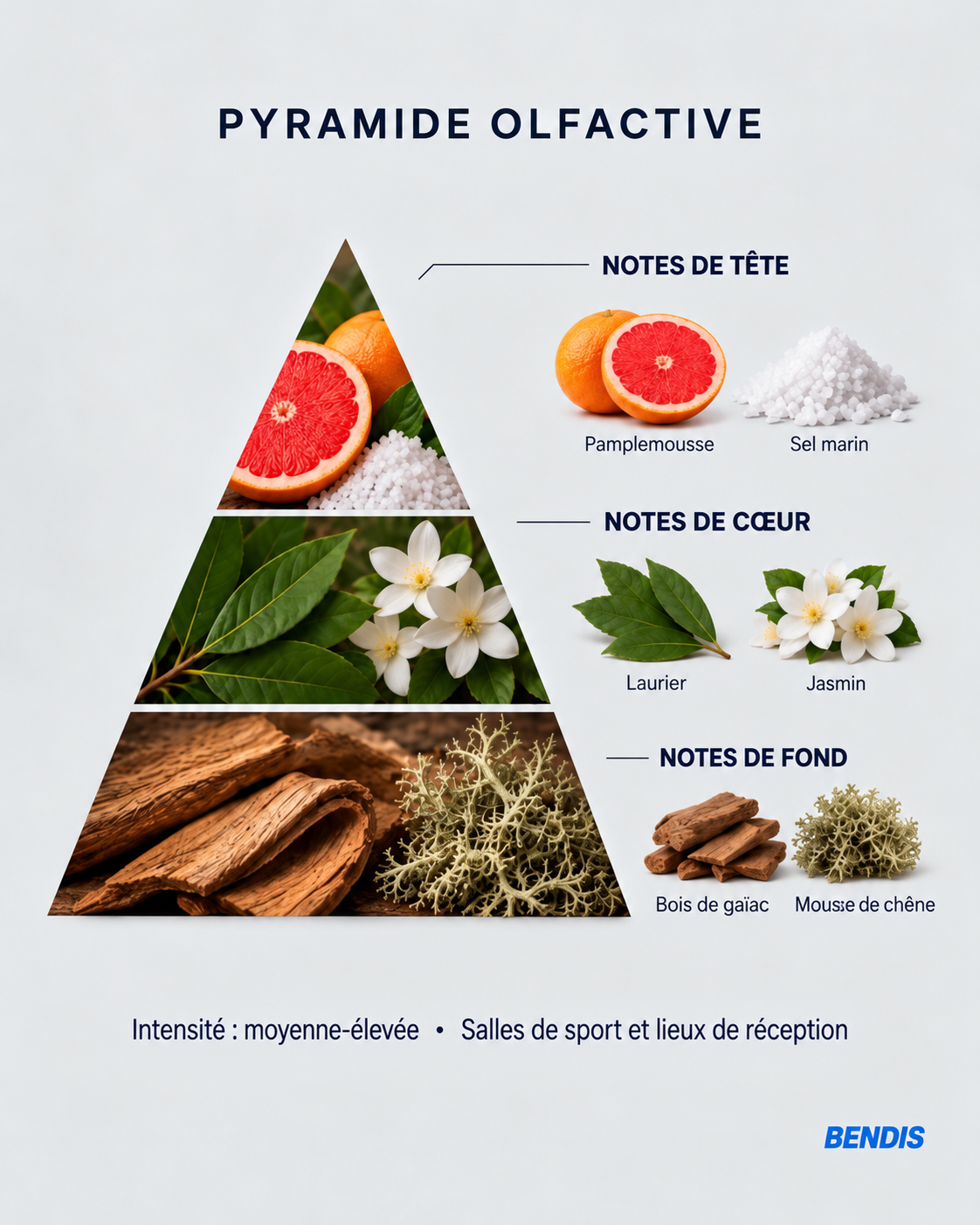 Pyramide olfactive du parfum BENDIS Nº14 boisé aquatique : notes de tête pamplemousse et sel marin, notes de cœur laurier et jasmin, notes de fond bois de gaïac et mousse de chêne