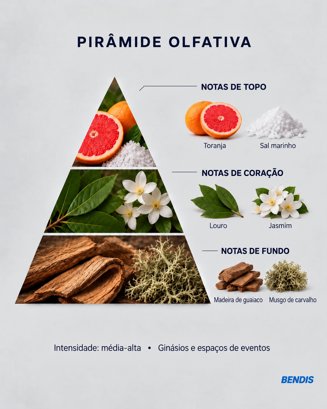Pyramide olfactive du parfum BENDIS Nº14 boisé aquatique : notes de tête pamplemousse et sel marin, notes de cœur laurier et jasmin, notes de fond bois de gaïac et mousse de chêne