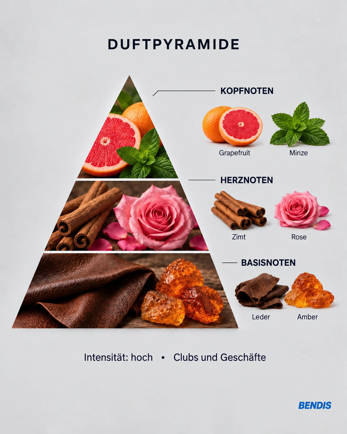 Pyramide olfactive du parfum BENDIS Nº19 boisé épicé sucré : notes de tête pamplemousse et menthe, notes de cœur cannelle et rose, notes de fond cuir et ambre
